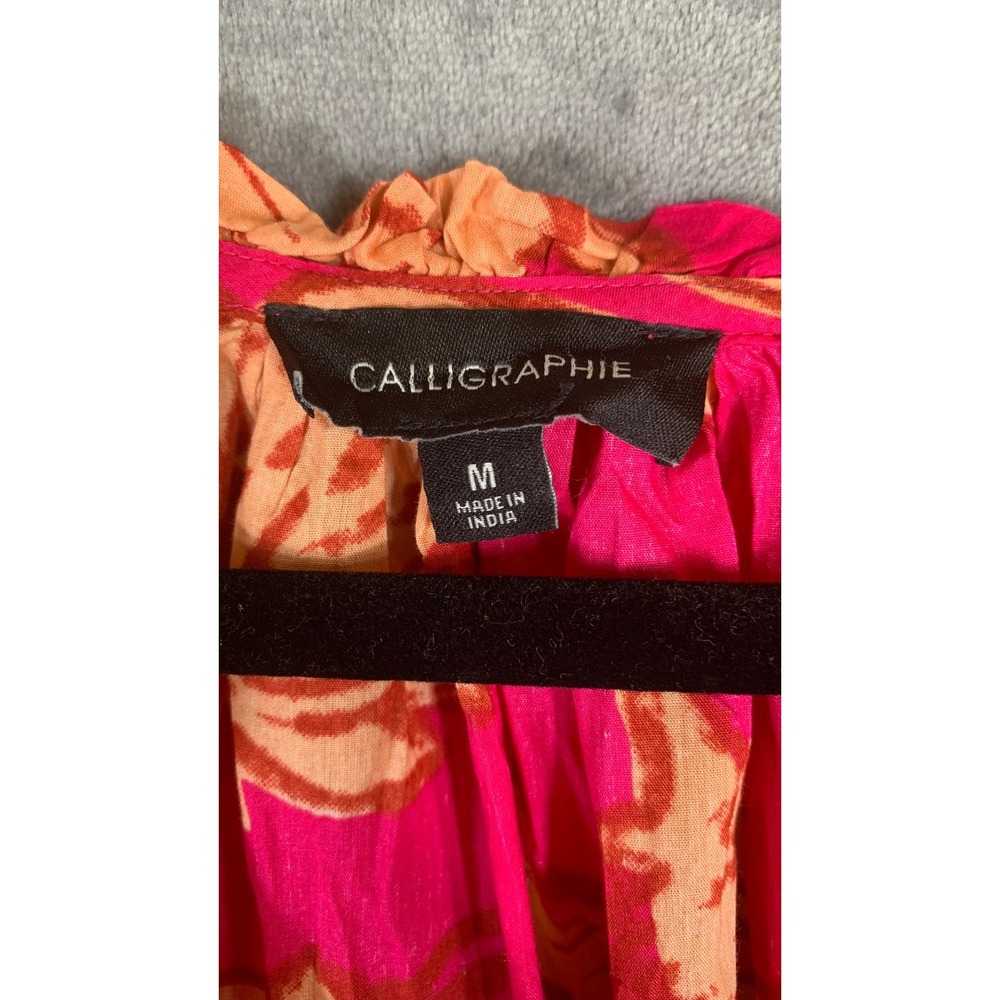 Calligraphie Pink Orange Floral Cotton Peasant Blouse Long Sleeve Tie Neck M - Picture 4 of 8